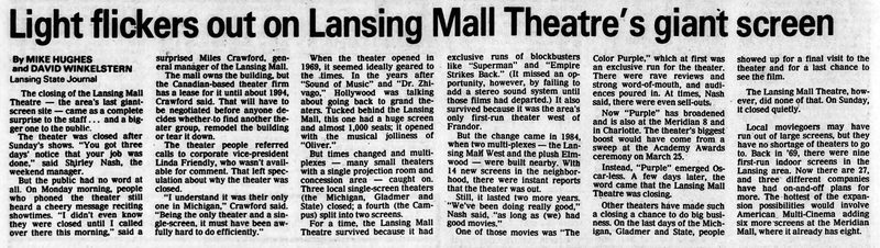 Lansing Mall Theatre - 1986 Article On Closing